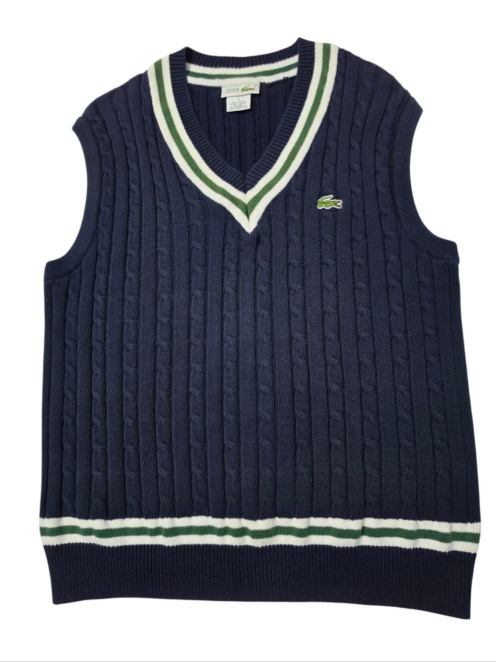 Chemise Lacoste Vintage Cable-Knit Navy Blue Preppy Made in France Sweater Vest